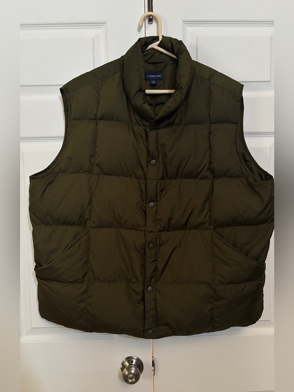 Lands’ End Men’s XXL Goose Down Puffer Vest Olive Green Snap Front 70/30